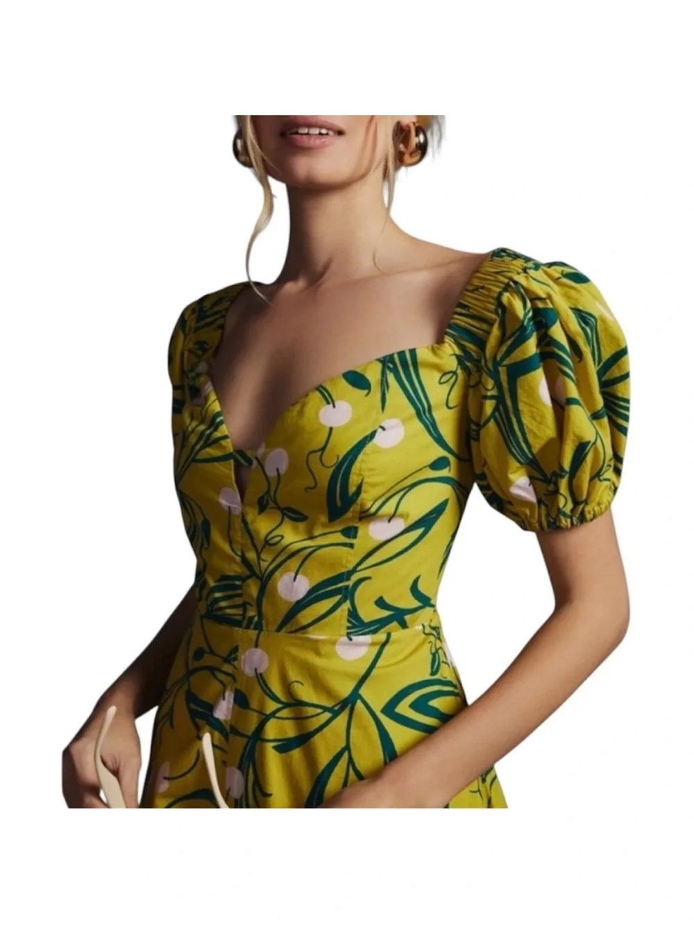 Maeve Puff-Sleeve Sweetheart Dress in Cherry Chartreuse‎ - Picture 3 of 14
